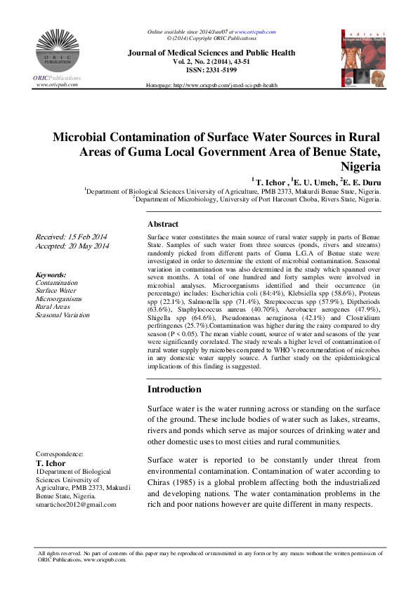 (PDF) Microbial Contamination of Surface Water Sources in Rural Areas ...