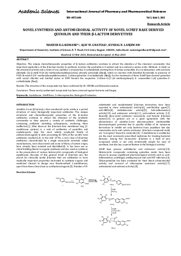 (PDF) Novel Synthesis and Antimicrobial Activity of Novel Schiff Base ...