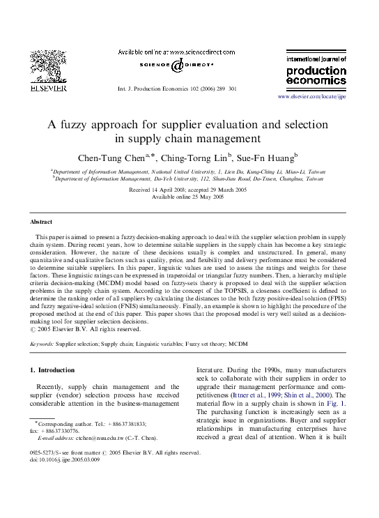 (PDF) A fuzzy approach for supplier evaluation and selection in supply ...