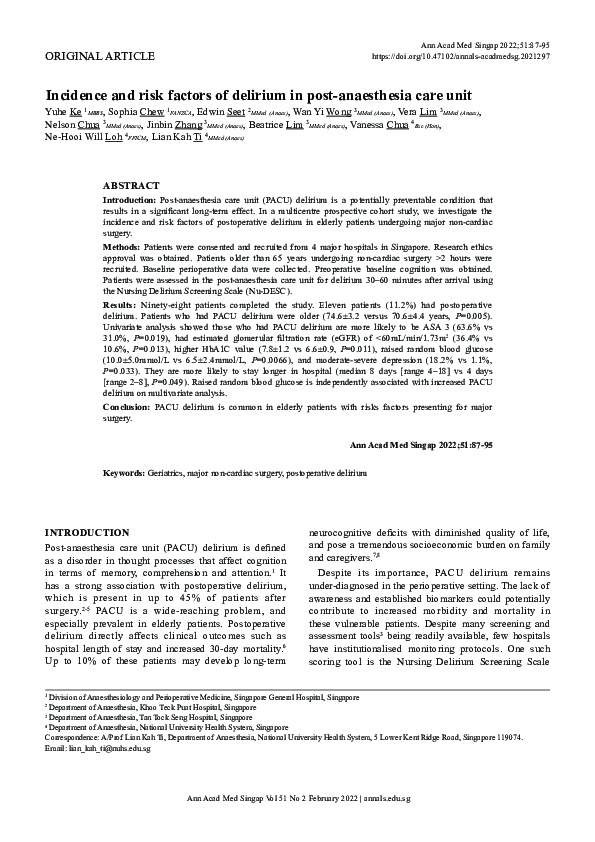 (PDF) Incidence and risk factors of delirium in post-anaesthesia care unit