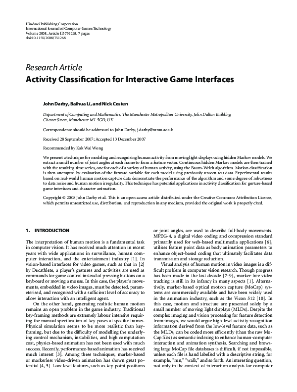 (PDF) Activity Classification for Interactive Game Interfaces
