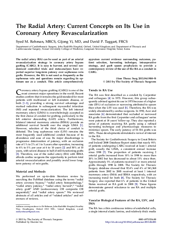 (PDF) The Radial Artery: Current Concepts on Its Use in Coronary Artery ...