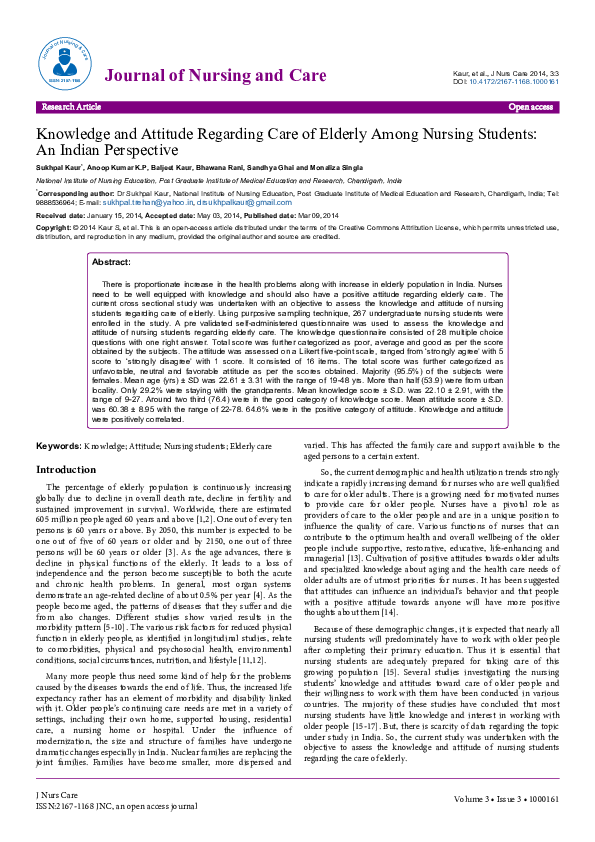 (PDF) Knowledge and Attitude Regarding Care of Elderly Among Nursing ...