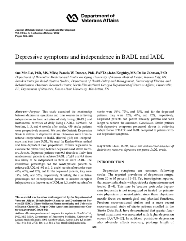 (PDF) Depressive symptoms and independence in BADL and IADL