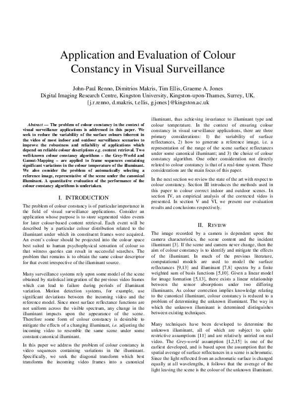 (PDF) Application and Evaluation of Colour Constancy in Visual Surveillance