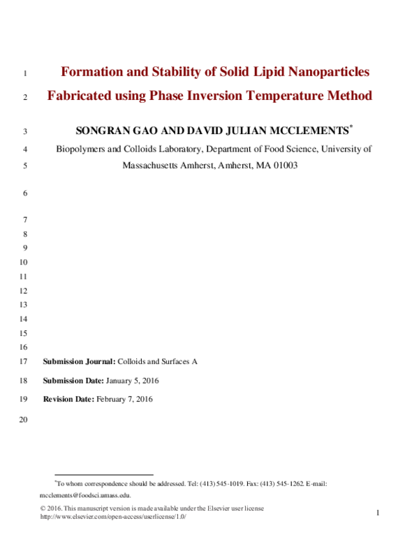 (PDF) Formation and stability of solid lipid nanoparticles fabricated ...