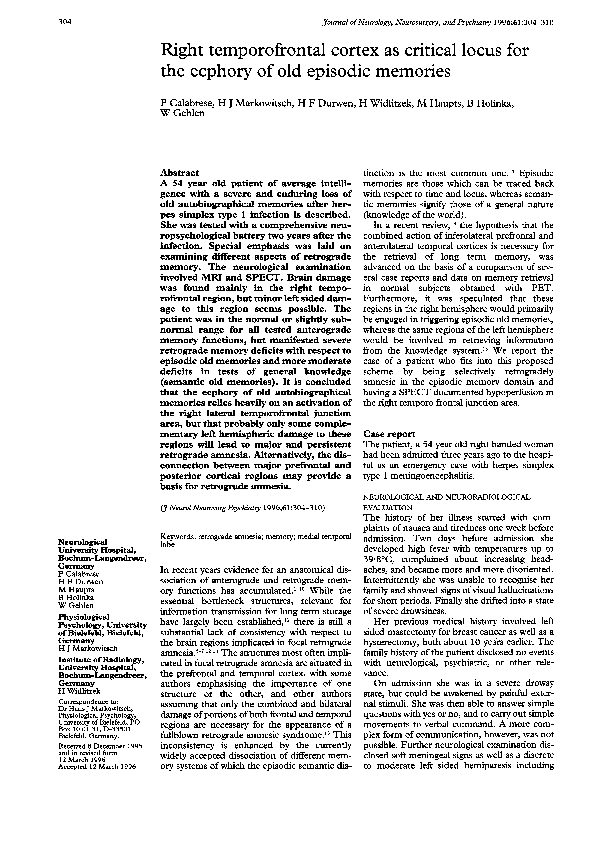 (PDF) Right temporofrontal cortex as critical locus for the ecphory of ...