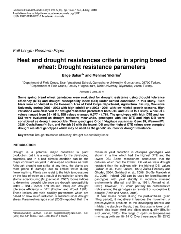 (PDF) Heat and Drought Resistances Criteria in Spring Bread Wheat ...