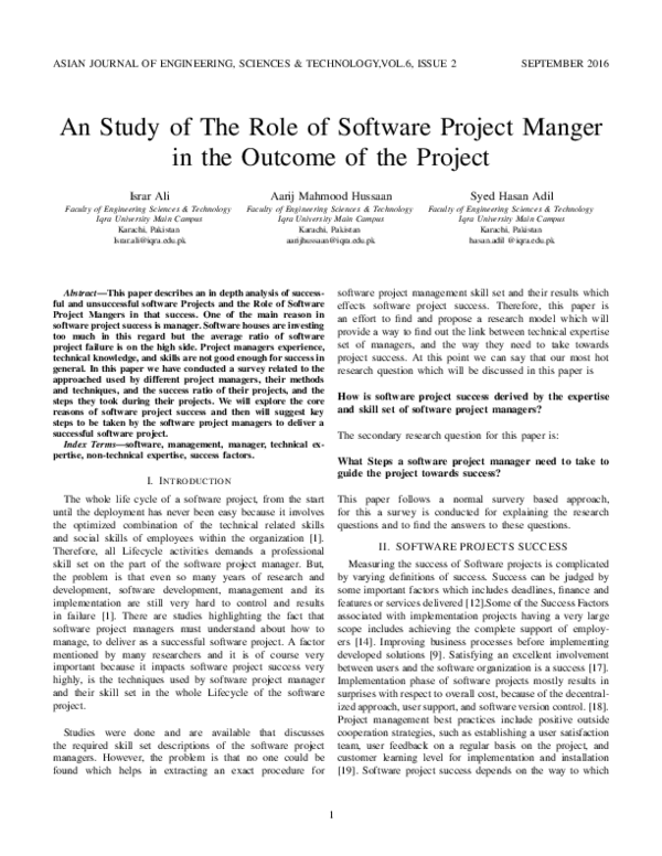 (PDF) An Study of The Role of Software Project Manger in the Outcome of ...