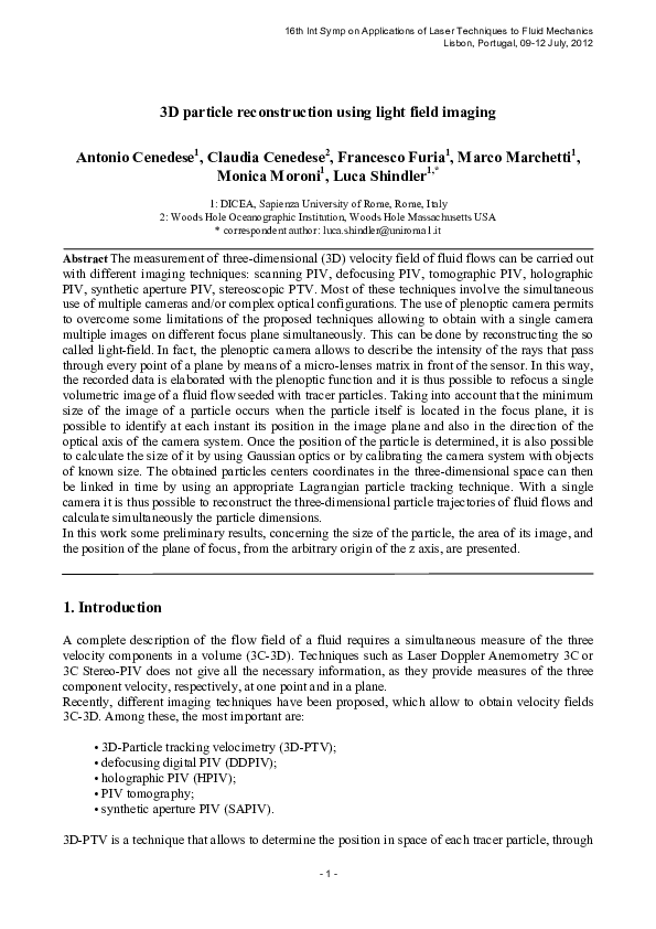 (PDF) 3D particle reconstruction using light field imaging