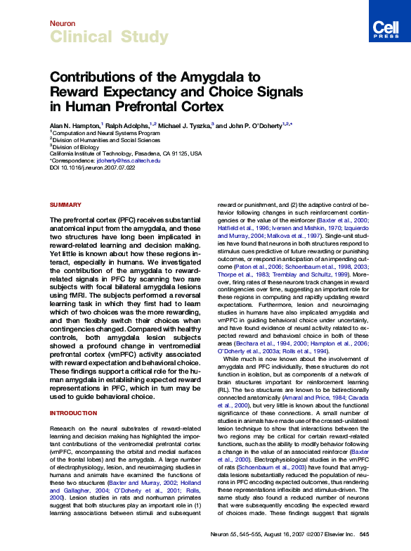 (PDF) Contributions of the Amygdala to Reward Expectancy and Choice ...