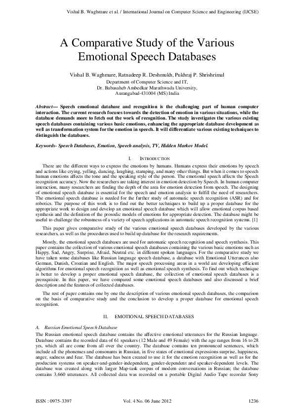 (PDF) A Comparative Study of the Various Emotional Speech Databases