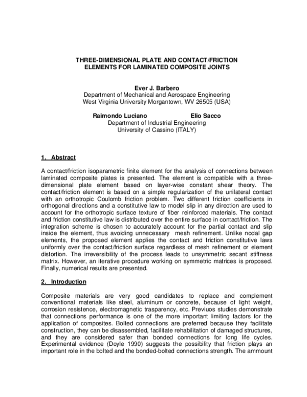 (PDF) Threedimensional plate and contact/friction elements for laminated composite joints