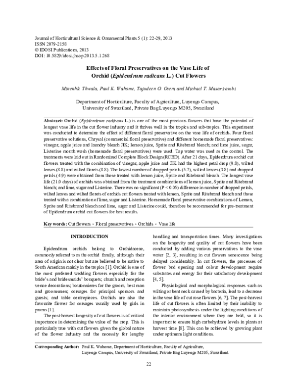 (PDF) Effects of Floral Preservatives on the Vase Life of Orchid