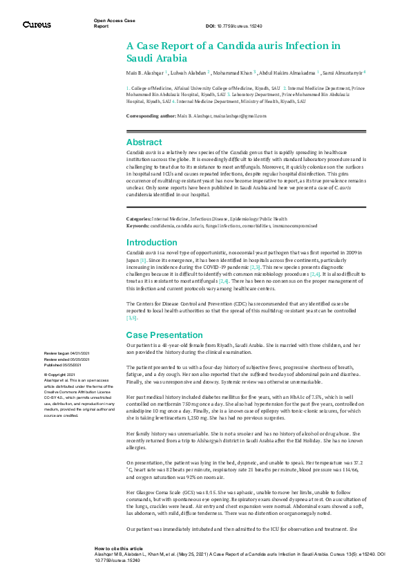 (PDF) A Case Report of a Candida auris Infection in Saudi Arabia