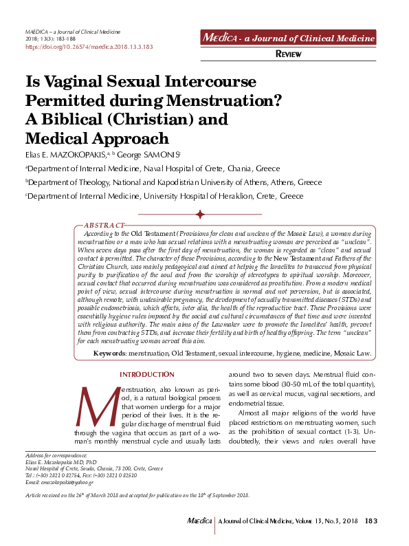 (PDF) Is Vaginal Sexual Intercourse Permitted during Menstruation? A