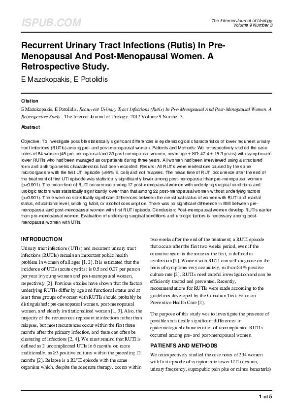 (PDF) Recurrent Urinary Tract Infections (Rutis) In PreMenopausal And