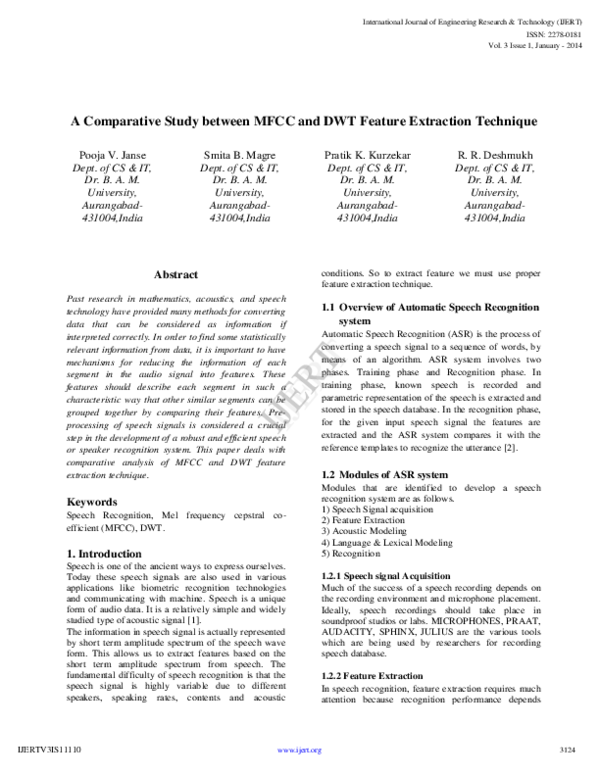 (PDF) A Comparative Study between MFCC and DWT Feature Extraction Technique
