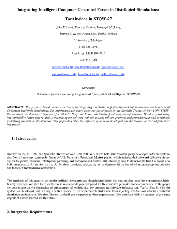 (PDF) Integrating intelligent computer generated forces in distributed ...