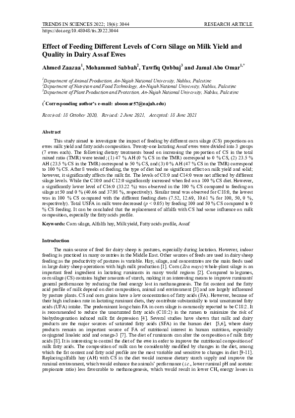 (PDF) Effect of Feeding Different Levels of Corn Silage on Milk Yield ...