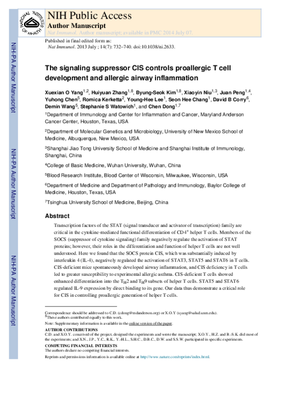 (PDF) Faculty of 1000 evaluation for The signaling suppressor CIS ...