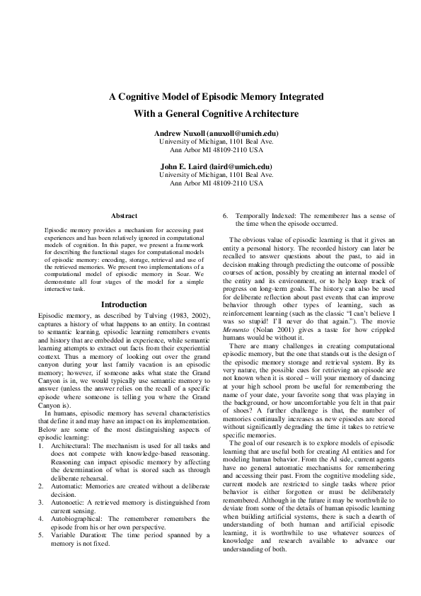 (PDF) A cognitive model of episodic memory integrated with a general ...