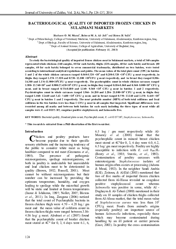 (PDF) Bacteriological Quality of Imported Frozen Chicken in Sulaimani