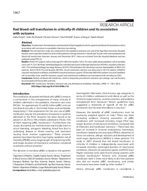 (PDF) Red blood cell transfusion in critically-ill children and its ...