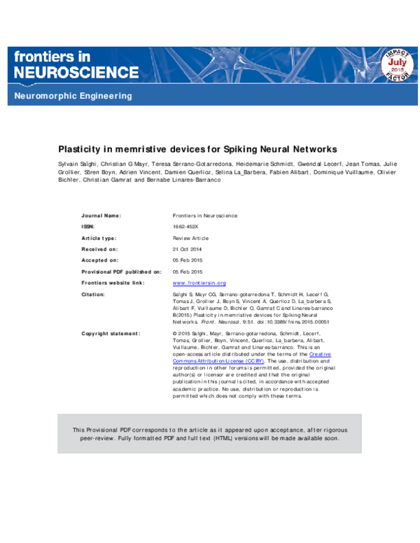 (PDF) Plasticity in memristive devices for spiking neural networks