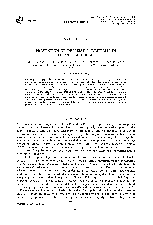 (PDF) Prevention of depressive symptoms in school children