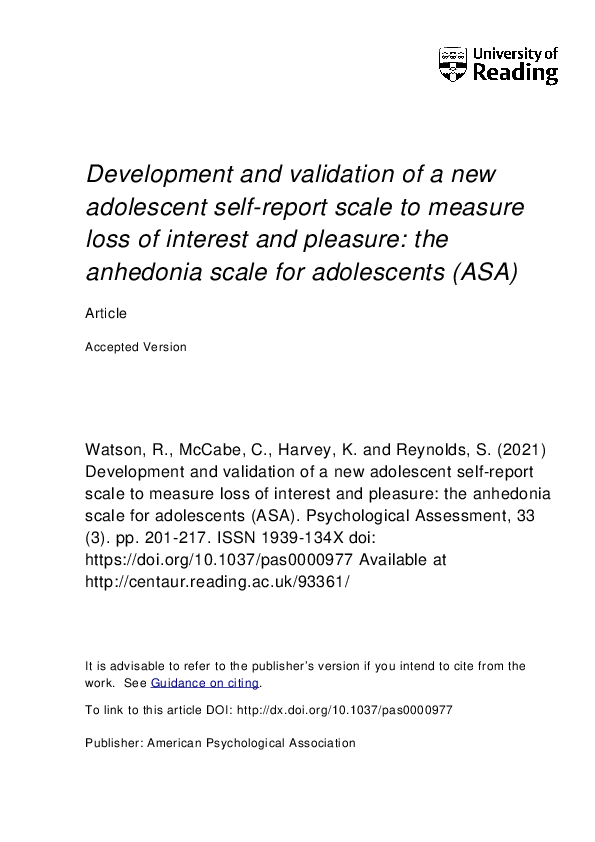 (PDF) Development and validation of a new adolescent self-report scale ...