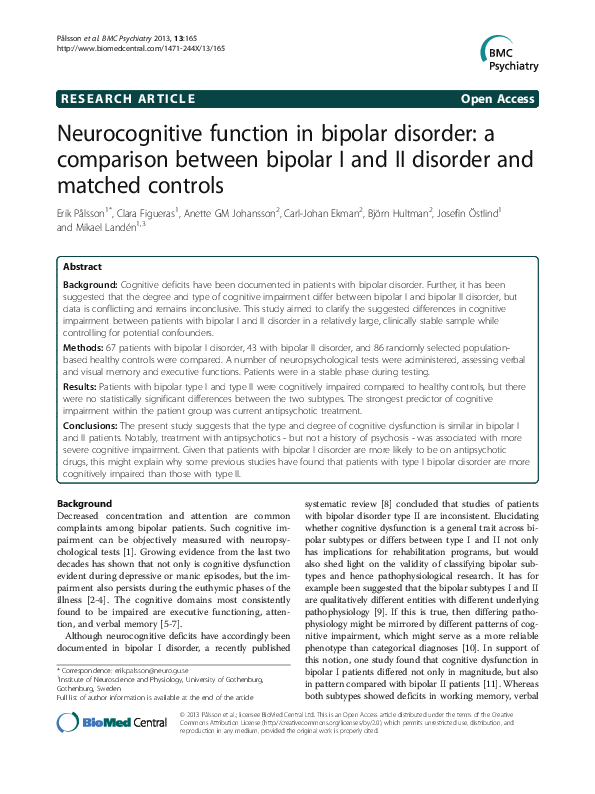 (PDF) Neurocognitive function in bipolar disorder: a comparison between ...