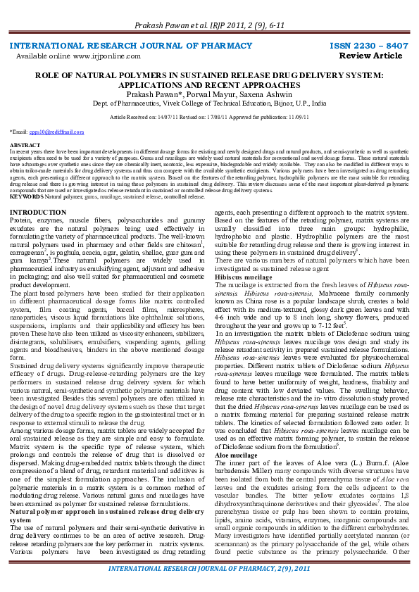 (PDF) Role of Natural Polymers in Sustained Release Drug Delivery ...