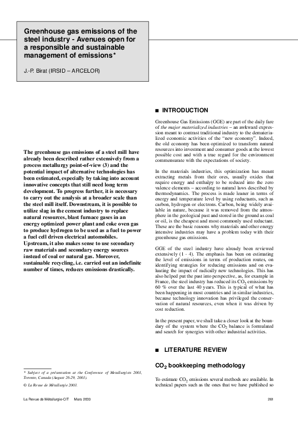 (PDF) Greenhouse gas emissions of the steel industry - Avenues open for ...