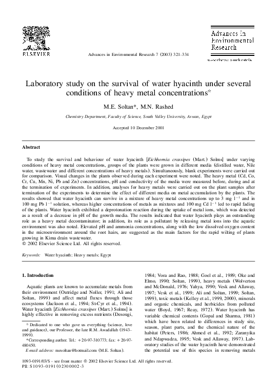 (PDF) Laboratory study on the survival of water hyacinth under several ...