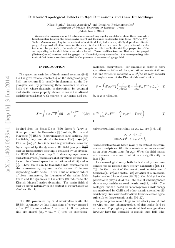 (PDF) Dilatonic topological defects in 3 + 1 dimensions and their ...