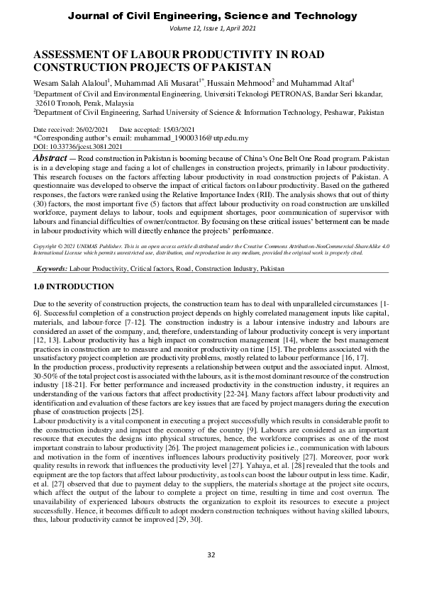 (PDF) Assessment of Labour Productivity in Road Construction Projects ...