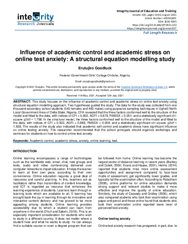 (PDF) Influence of academic control and academic stress on online test ...