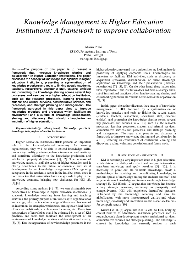 (PDF) Knowledge management in higher education institutions: A ...