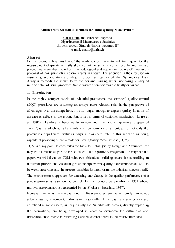 (PDF) Multivariate Statistical Methods for Total Quality Measurement