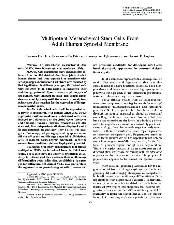 (PDF) Multipotent mesenchymal stem cells from adult human synovial membrane