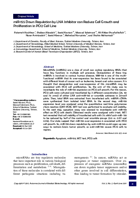 (PDF) miR-155 Down Regulation by LNA Inhibitor can Reduce Cell Growth ...