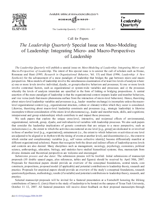 (PDF) The Leadership Quarterly Special Issue on MesoModeling of