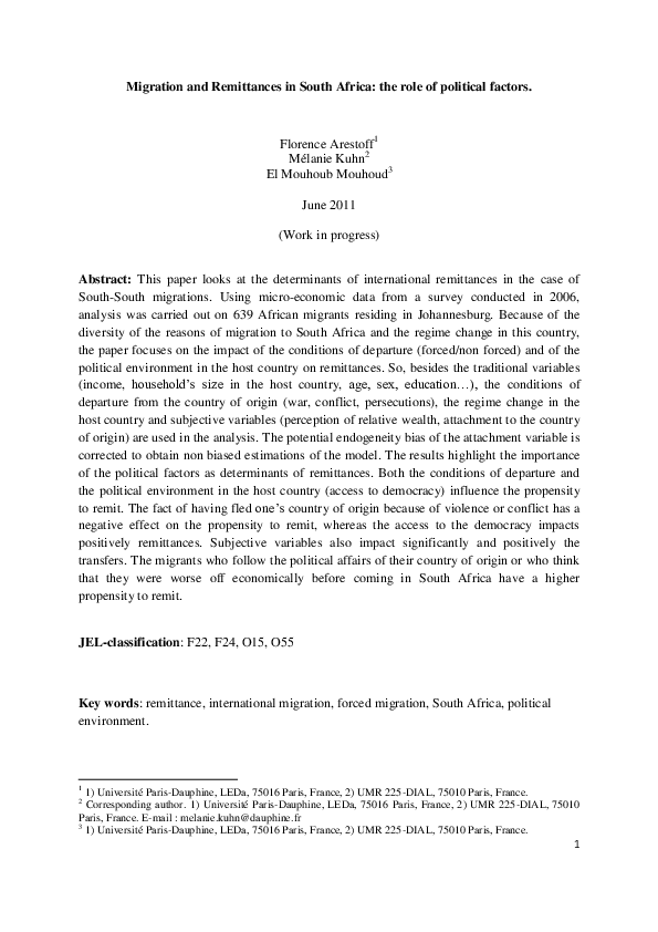 (PDF) Migration and Remittances in South Africa : the role of political ...
