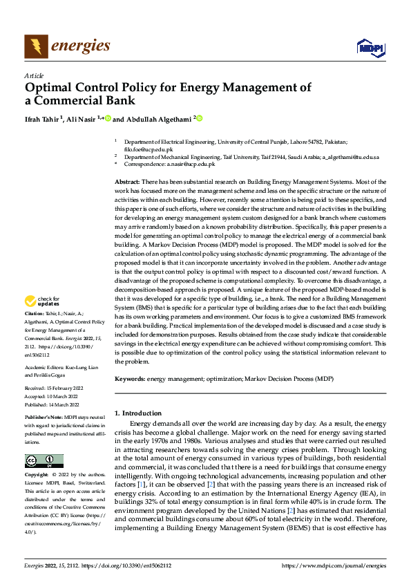 (PDF) Optimal Control Policy for Energy Management of a Commercial Bank