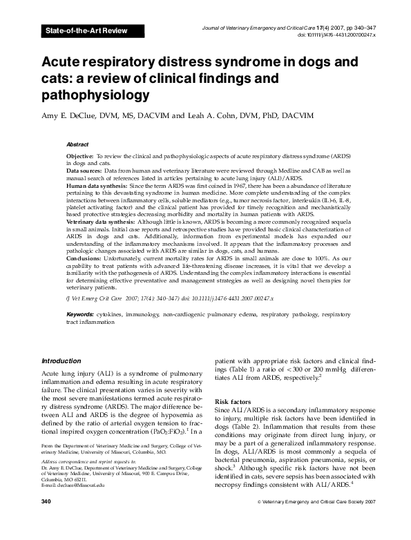 (PDF) Acute respiratory distress syndrome in dogs and cats: a review of ...
