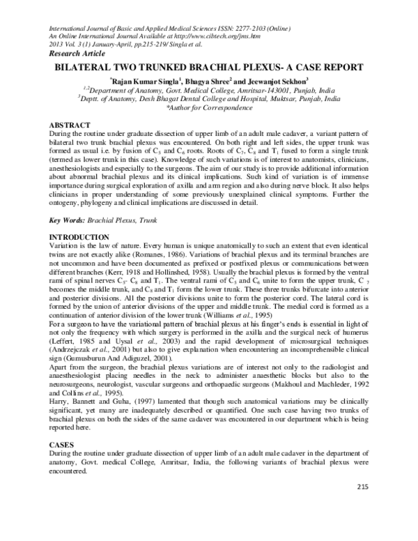 (PDF) Bilateral Two Trunked Brachial Plexus-A Case Report