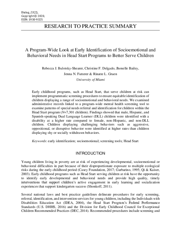 (PDF) A Program-wide Look at Early Identification of Socioemotional and ...