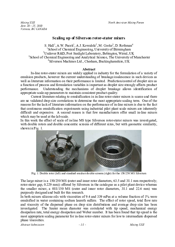 (PDF) Scaling up of silverson rotor stator mixers