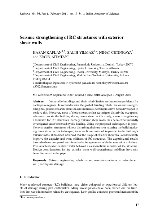 (PDF) Seismic strengthening of RC structures with exterior shear walls